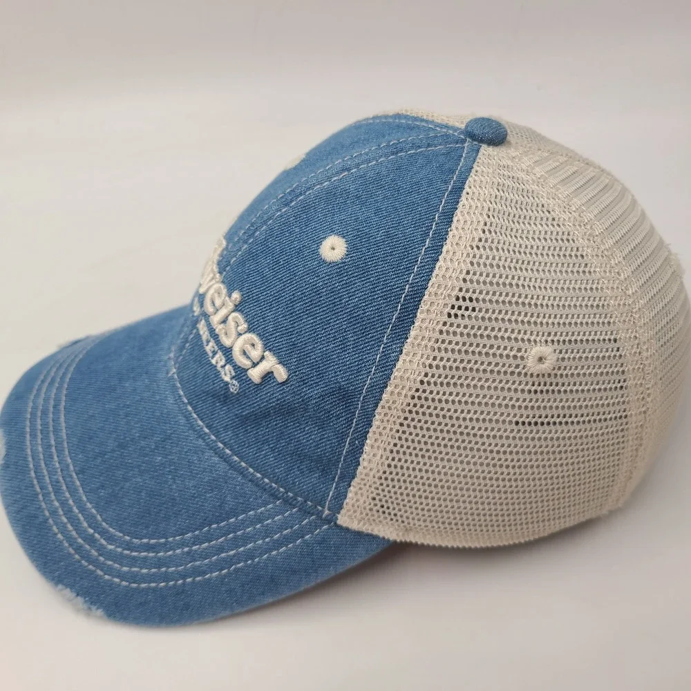 Budweiser Hat Strapback American Eagle Trucker Mesh Blue Beige Distressed Denim